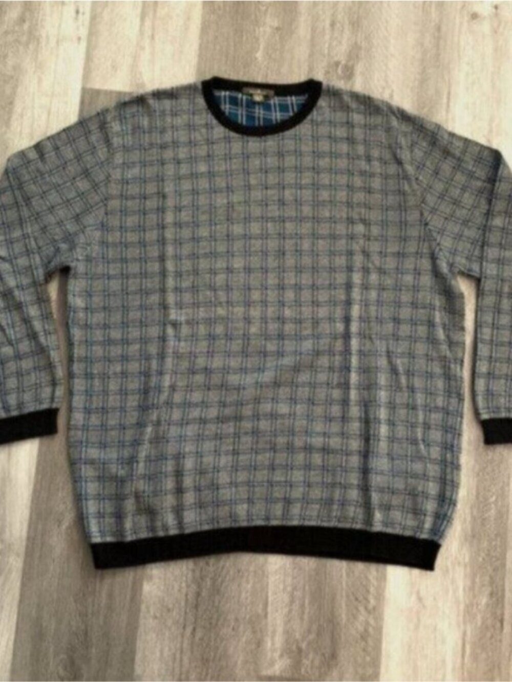 Ermenegildo Zegna 100% Cotton Knit Sweater Gray Black Blue Windowpane XXL 56